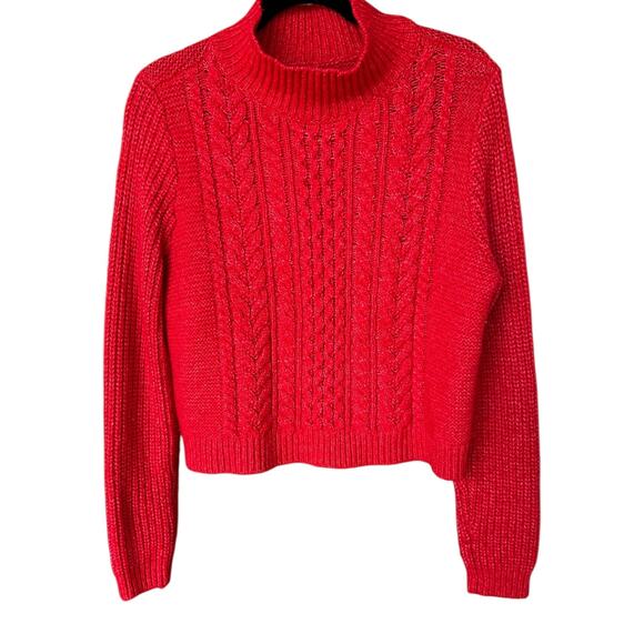 LOFT Women's Red Cable Knit Cropped Turtleneck Sweater Size Large - Picture 4 of 7